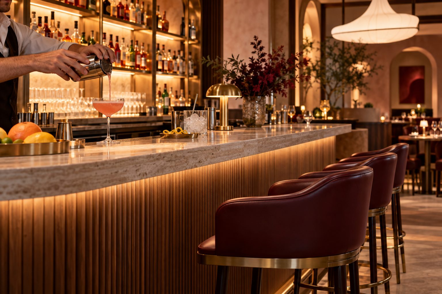 Le bar en bois cannelé et travertin